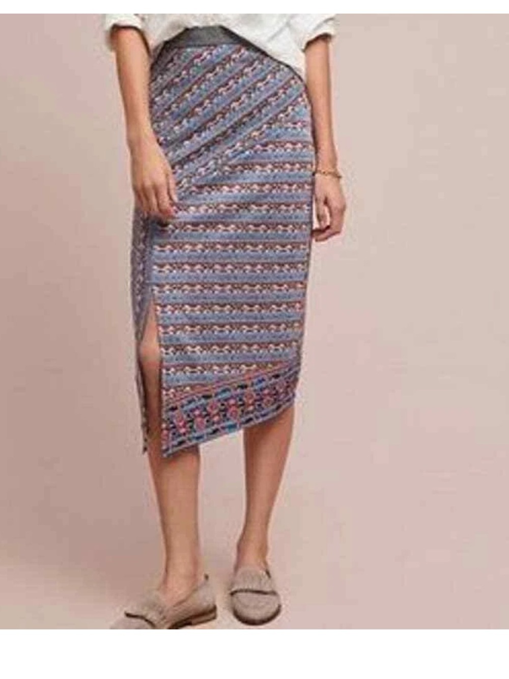 Akemi + Kin Blue Rust Print Front Slit Knit Stretch Pencil Skirt Size Large